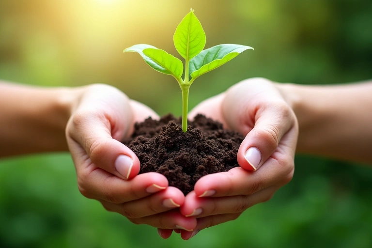 Ruke koje drže sadnicu, simbol održivosti i rasta