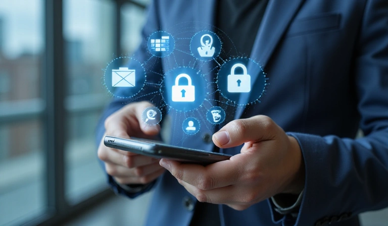 Digitalna ruka koja drži pametni telefon, sa ikonama privatnosti i sigurnosti koje lebde oko nje