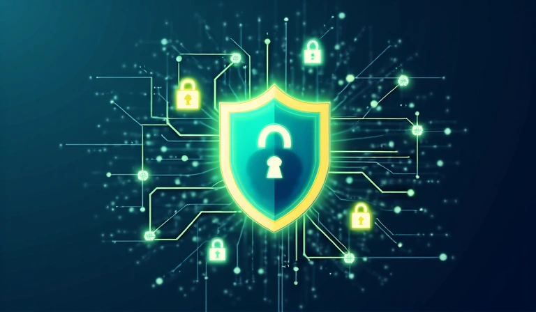 Ilustracija privatnosti podataka, sa štitom i digitalnim elementima